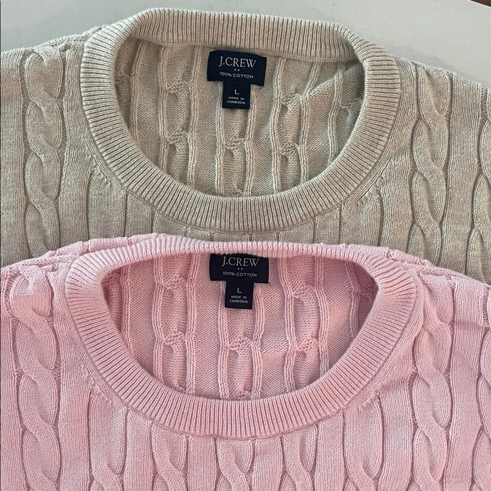 Two J. Crew Men's Cable Knit Sweaters 100% cotton - Soft Pink and Beige - Picture 2 of 5